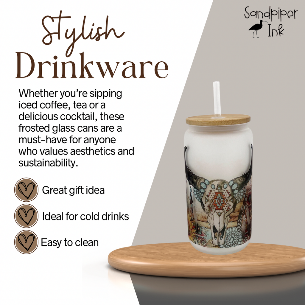 Cute western bull skull frosted glass cup.